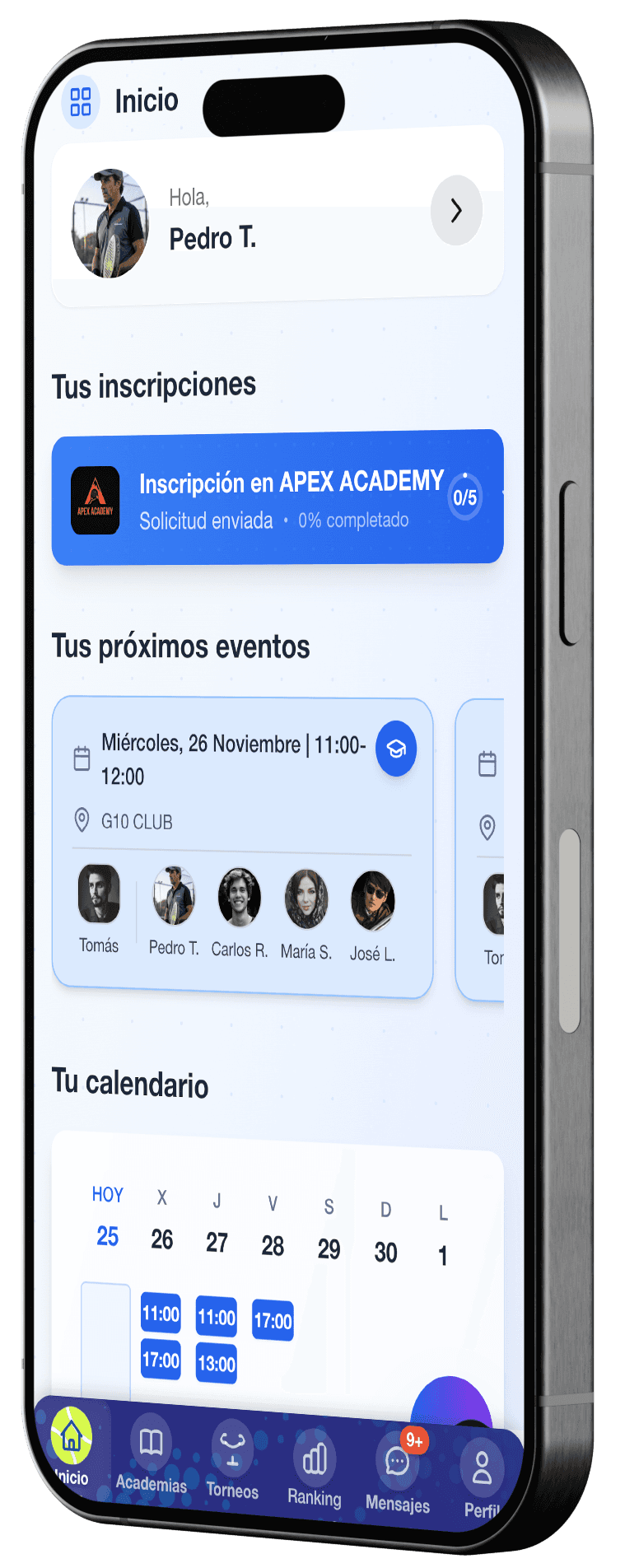 Pantalla de torneos y rankings dentro de Compee